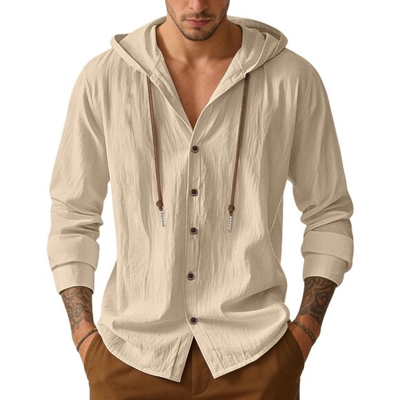 Men's Tan Cotton Linen Button Down Hoodies Long Sleeve Casual Hawaiian Beach